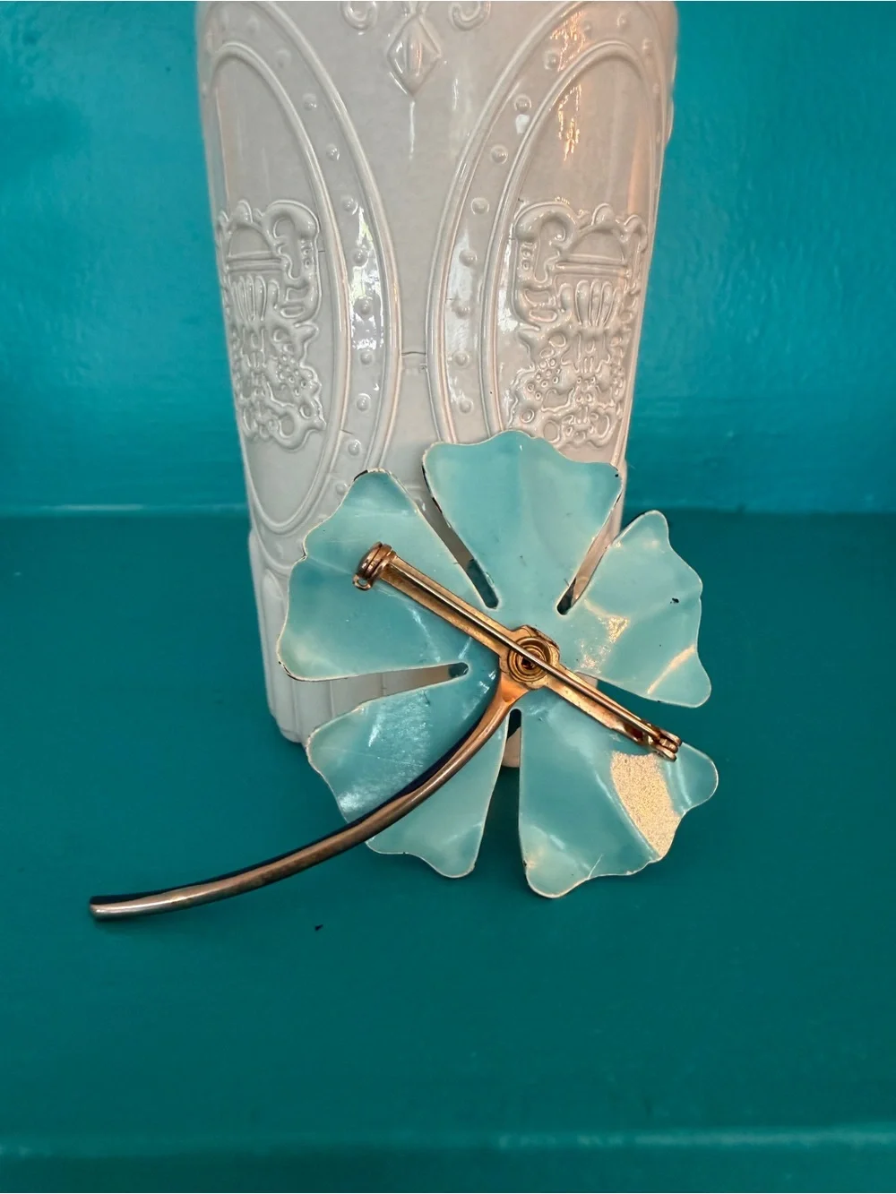 Vintage Enamel Teal Blue Floral Brooch